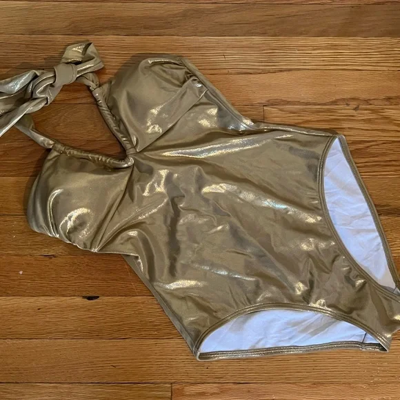 NWOT Boden Gold Shimmer Halterneck Ruched Swimsuit, size US 2 - Picture 1 of 2